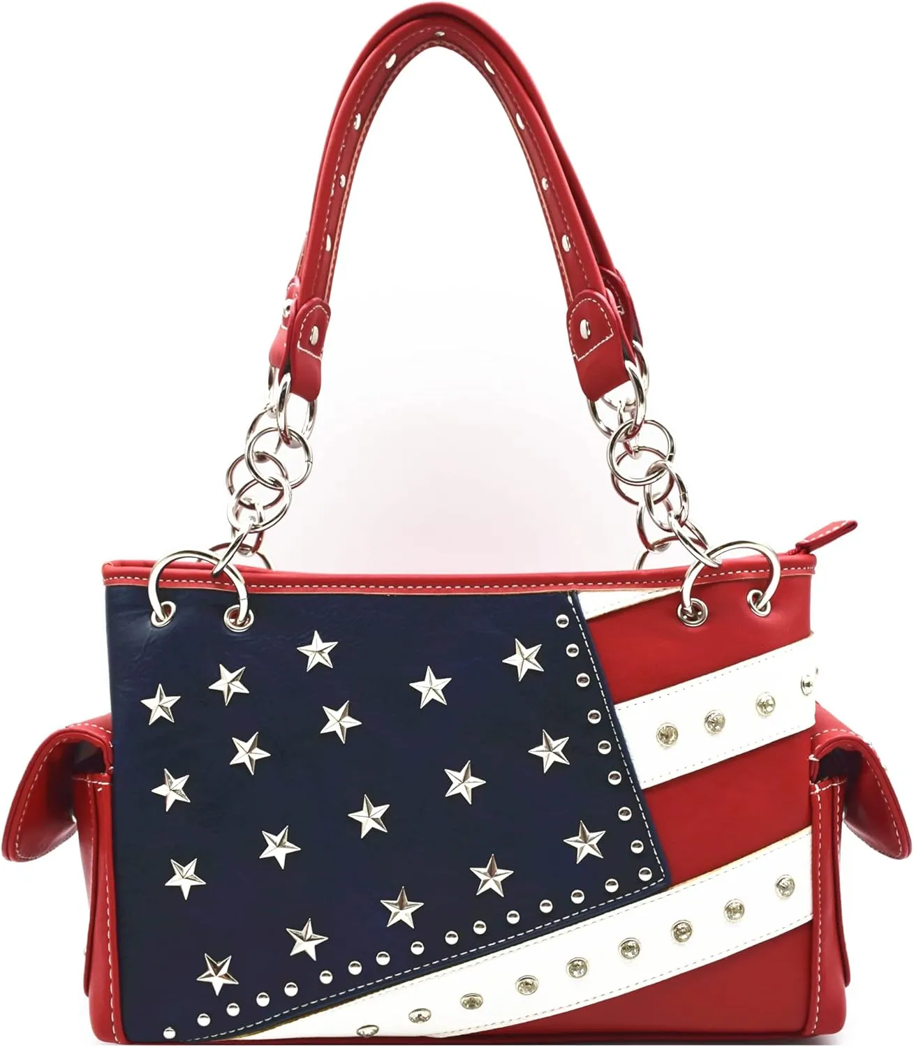 American Flag USA Stars and Stripes Patriotic Leather Purse Women Rhinestone Country Handbag Wallet Set Red White and Blue