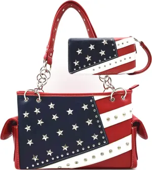 American Flag USA Stars and Stripes Patriotic Leather Purse Women Rhinestone Country Handbag Wallet Set Red White and Blue