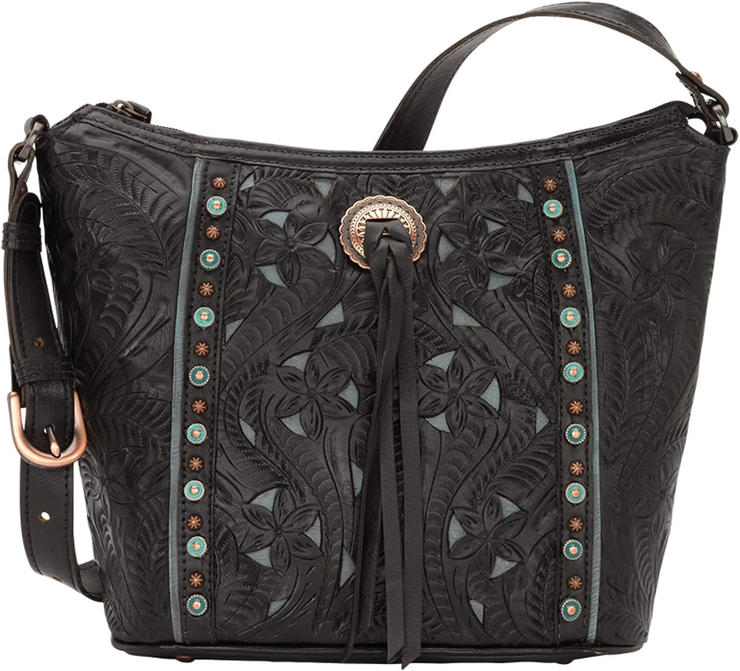 American West Hill Country Zip Top Bucket Tote - Genuine Leather Handbag for Women