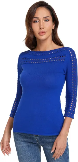 AmélieBoutik Women Boatneck Eyelet Trim 3/4 Sleeve Knit Top Sweater
