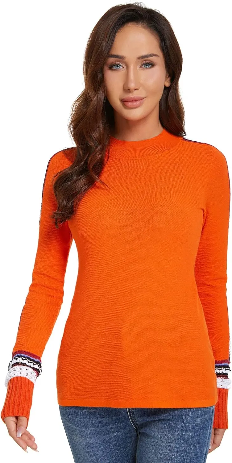 AmélieBoutik Women Mock Neck Fair Isle Trim Long Sleeve Pullover Knit Sweater