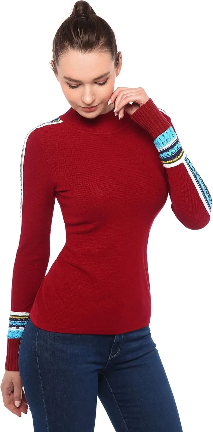 AmélieBoutik Women Mock Neck Fair Isle Trim Long Sleeve Pullover Knit Sweater