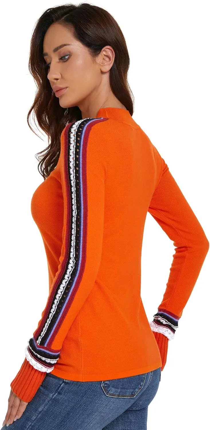 AmélieBoutik Women Mock Neck Fair Isle Trim Long Sleeve Pullover Knit Sweater