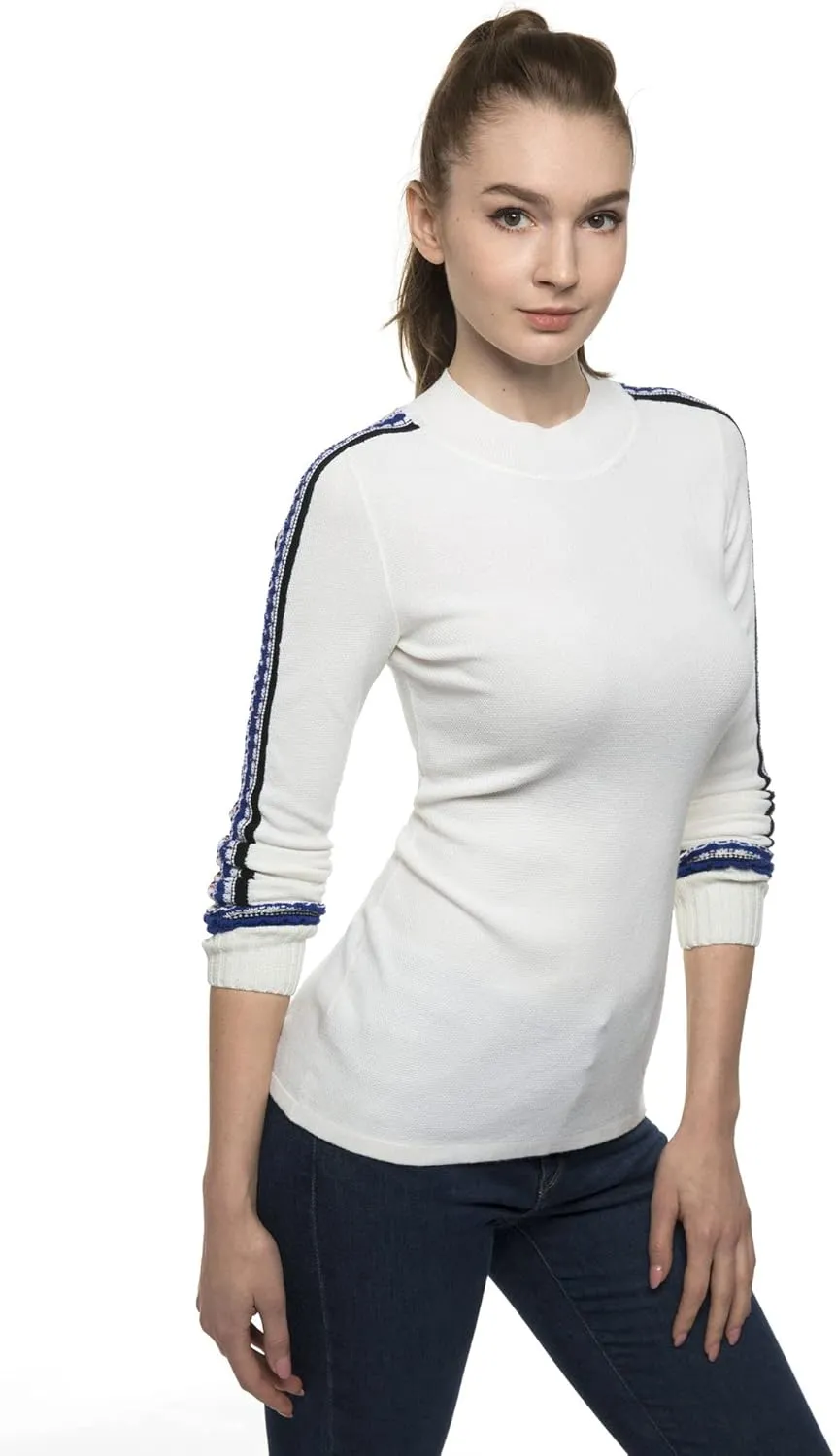 AmélieBoutik Women Mock Neck Fair Isle Trim Long Sleeve Pullover Knit Sweater