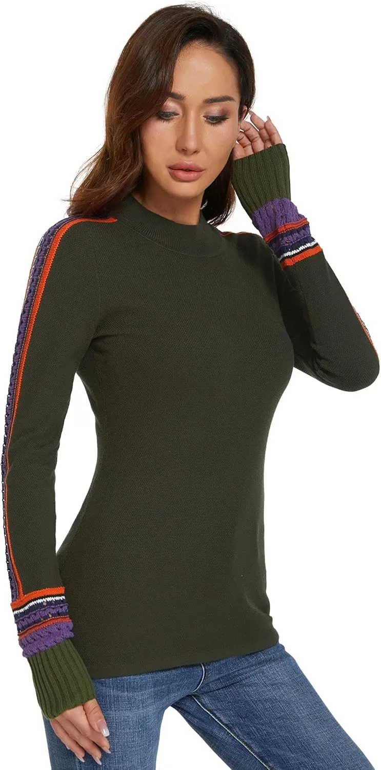 AmélieBoutik Women Mock Neck Fair Isle Trim Long Sleeve Pullover Knit Sweater