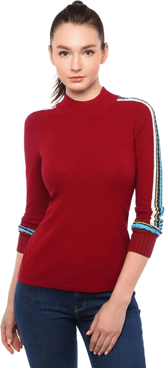 AmélieBoutik Women Mock Neck Fair Isle Trim Long Sleeve Pullover Knit Sweater