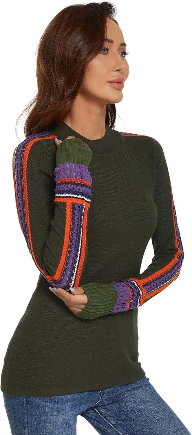 AmélieBoutik Women Mock Neck Fair Isle Trim Long Sleeve Pullover Knit Sweater
