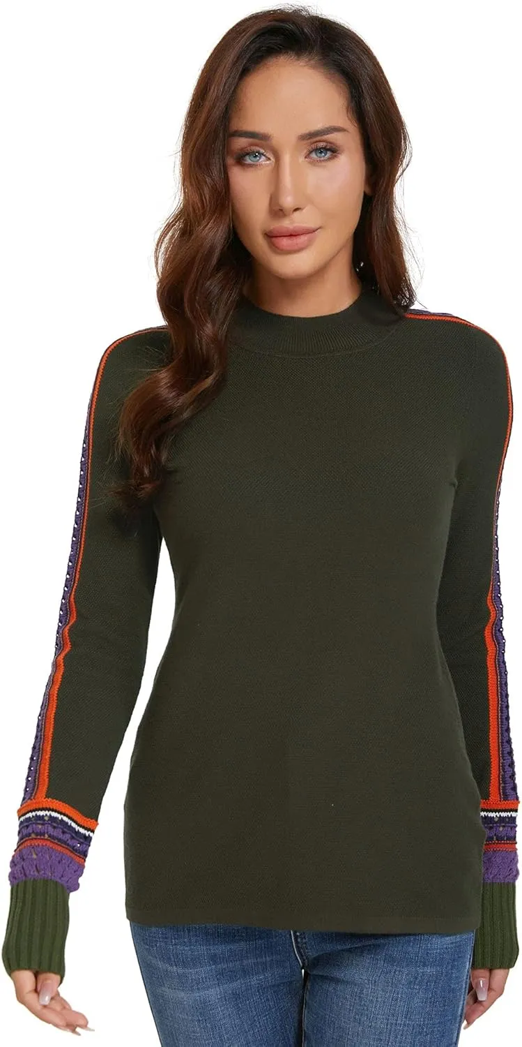 AmélieBoutik Women Mock Neck Fair Isle Trim Long Sleeve Pullover Knit Sweater