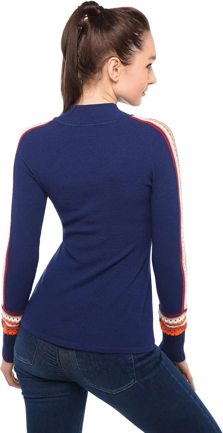 AmélieBoutik Women Mock Neck Fair Isle Trim Long Sleeve Pullover Knit Sweater