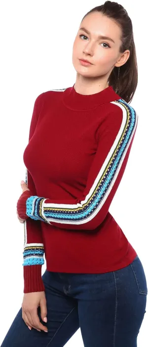 AmélieBoutik Women Mock Neck Fair Isle Trim Long Sleeve Pullover Knit Sweater