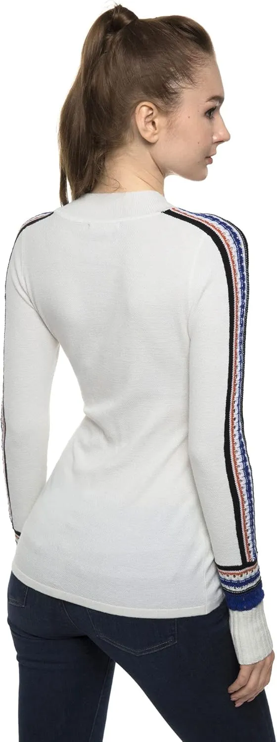 AmélieBoutik Women Mock Neck Fair Isle Trim Long Sleeve Pullover Knit Sweater