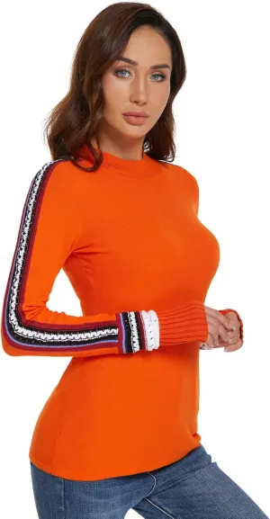 AmélieBoutik Women Mock Neck Fair Isle Trim Long Sleeve Pullover Knit Sweater