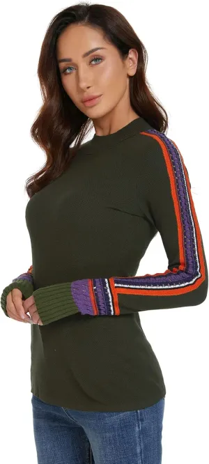 AmélieBoutik Women Mock Neck Fair Isle Trim Long Sleeve Pullover Knit Sweater