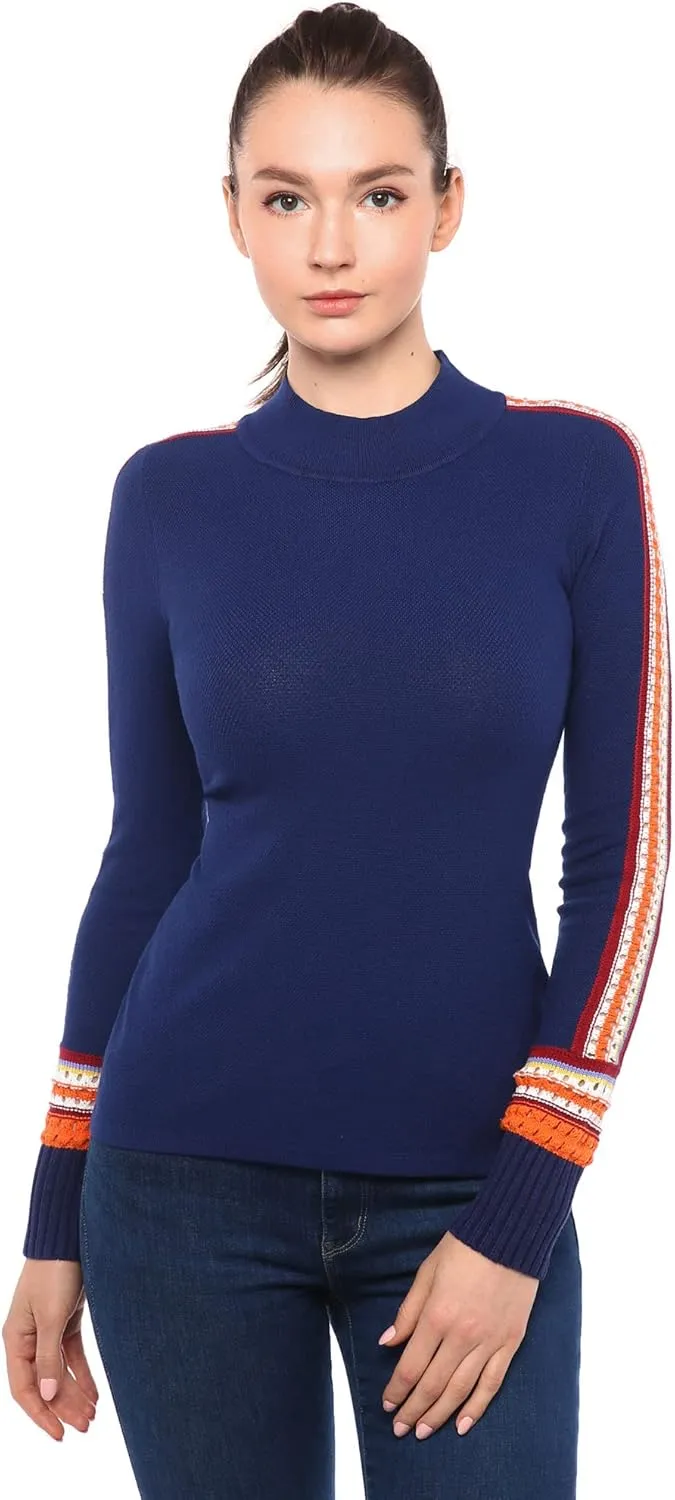 AmélieBoutik Women Mock Neck Fair Isle Trim Long Sleeve Pullover Knit Sweater