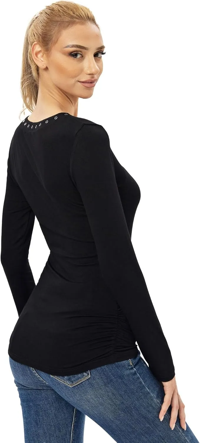 AmélieBoutik Women V Neck Eyelet Trim Long Sleeve Blouse Top