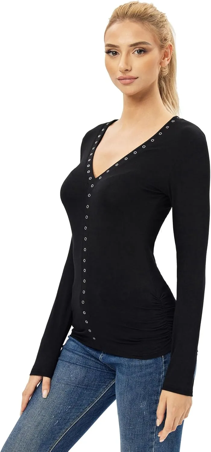 AmélieBoutik Women V Neck Eyelet Trim Long Sleeve Blouse Top