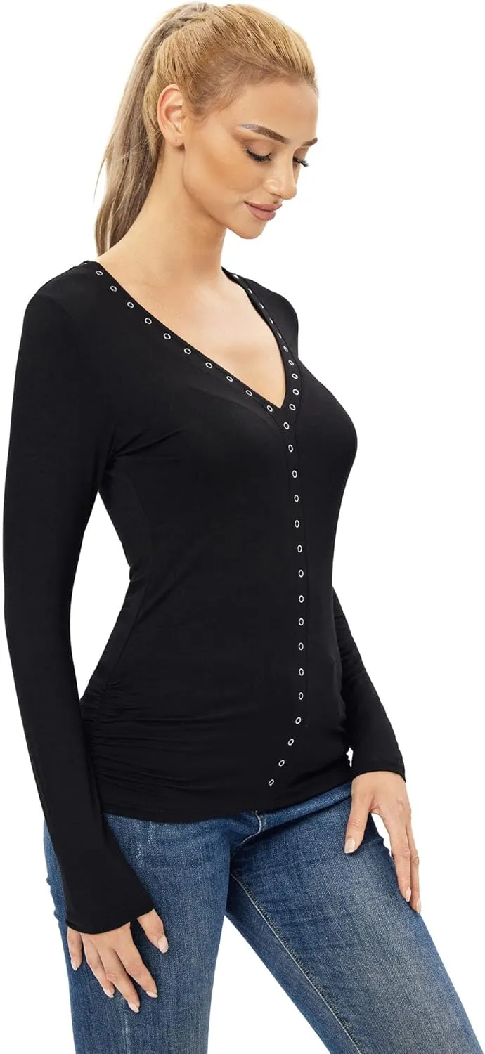 AmélieBoutik Women V Neck Eyelet Trim Long Sleeve Blouse Top