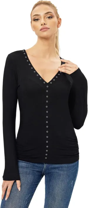 AmélieBoutik Women V Neck Eyelet Trim Long Sleeve Blouse Top
