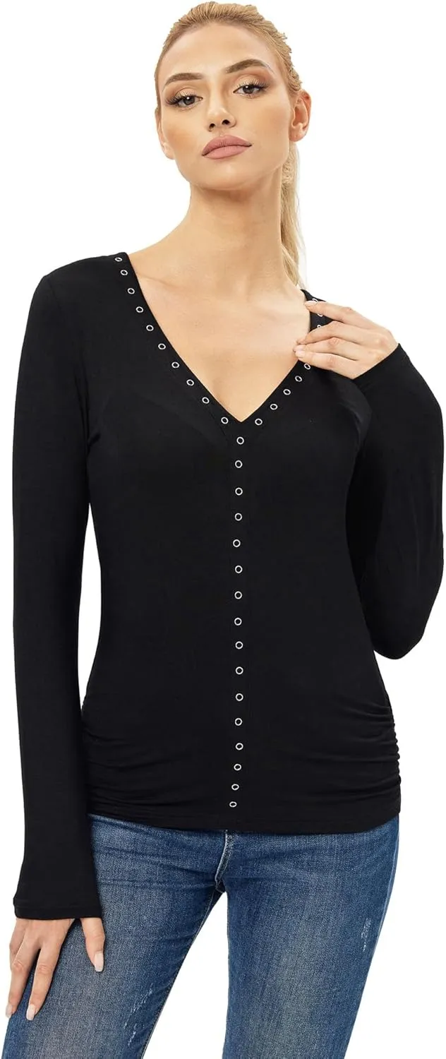 AmélieBoutik Women V Neck Eyelet Trim Long Sleeve Blouse Top
