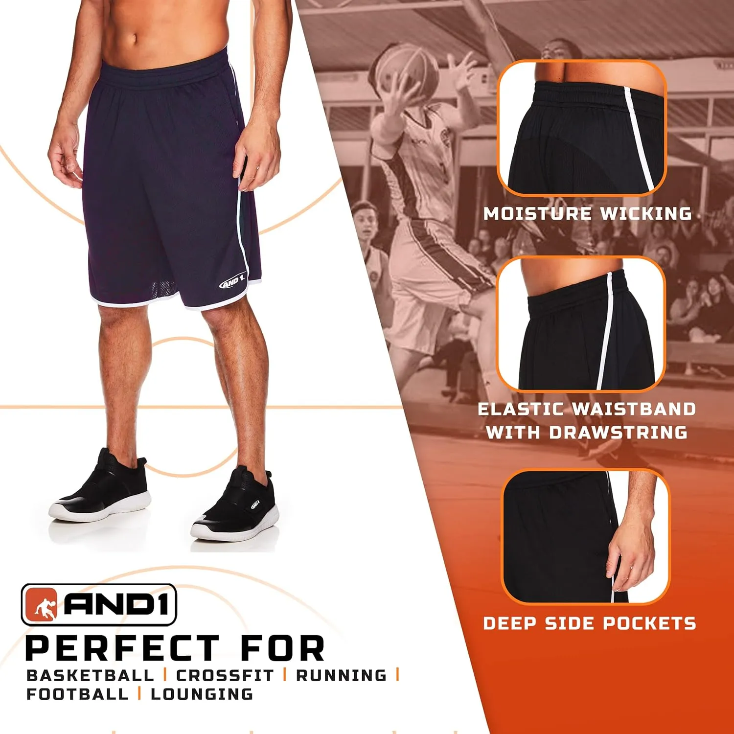 AND1 Men's Drop Needle Shorts, 2-Pack - Comfortable Athletic Performance Basketball Shorts