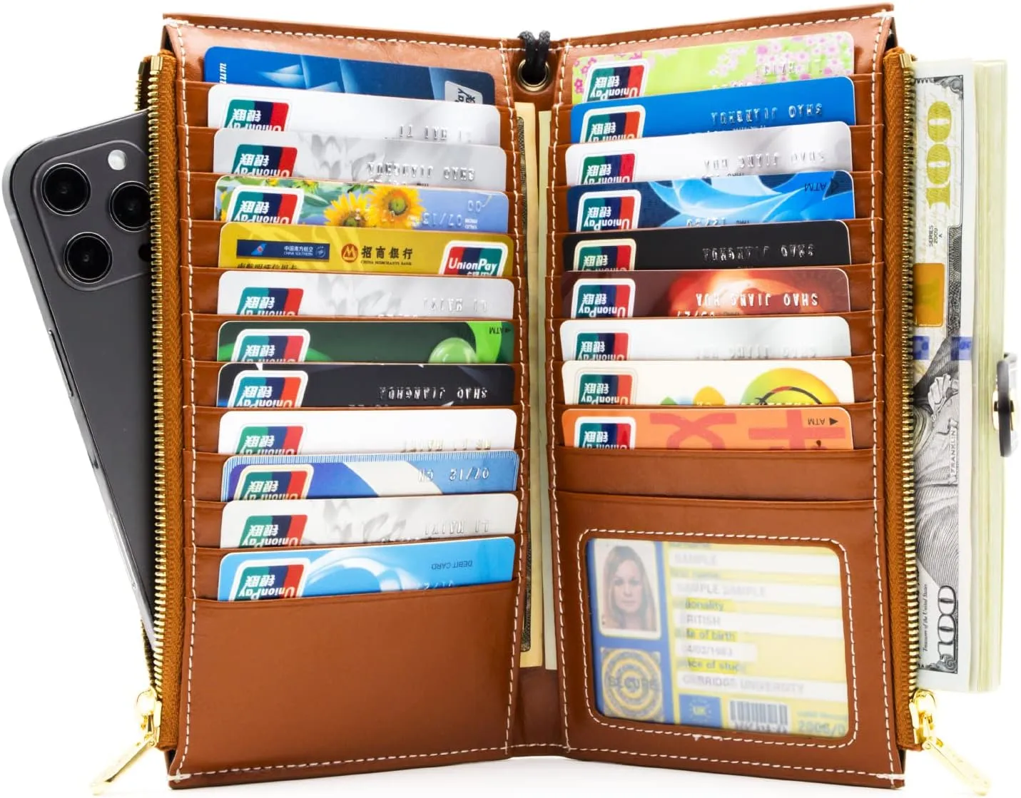 ANDOILT Wallet Women Men RFID Blocking Genuine Leather Bifold Multi Card Organizer Wristlet Purse with Zipper Pocket Cell Phone Handbag Brown