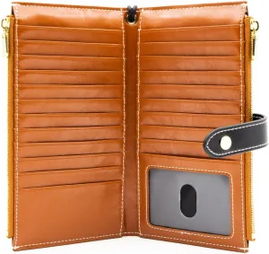 ANDOILT Wallet Women Men RFID Blocking Genuine Leather Bifold Multi Card Organizer Wristlet Purse with Zipper Pocket Cell Phone Handbag Brown