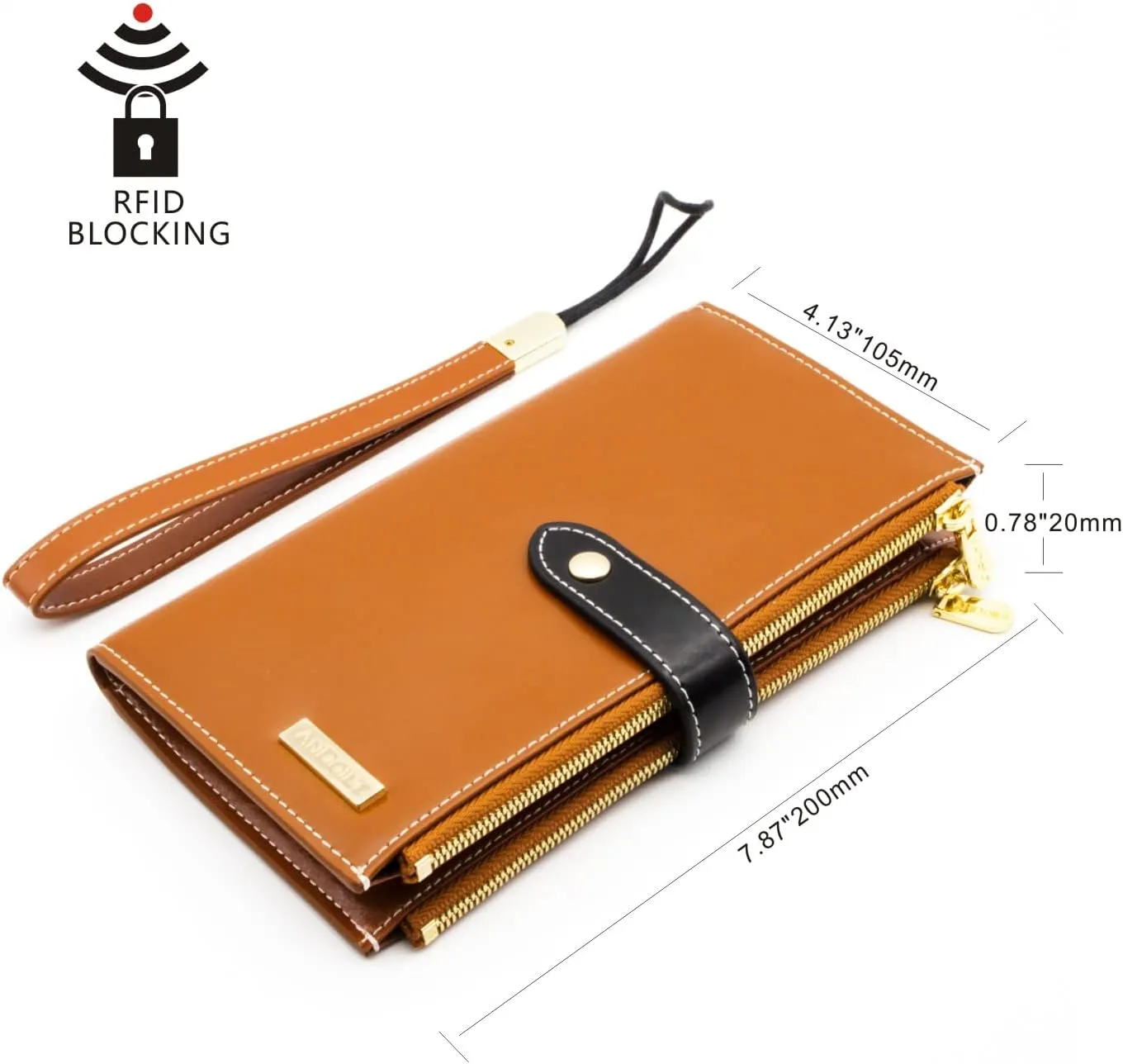 ANDOILT Wallet Women Men RFID Blocking Genuine Leather Bifold Multi Card Organizer Wristlet Purse with Zipper Pocket Cell Phone Handbag Brown