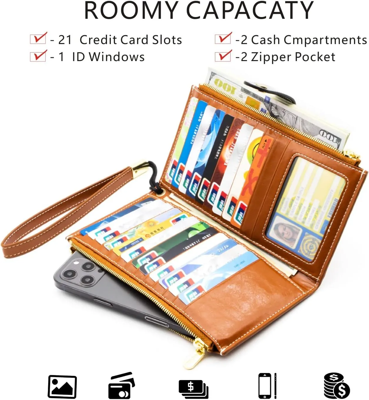 ANDOILT Wallet Women Men RFID Blocking Genuine Leather Bifold Multi Card Organizer Wristlet Purse with Zipper Pocket Cell Phone Handbag Brown