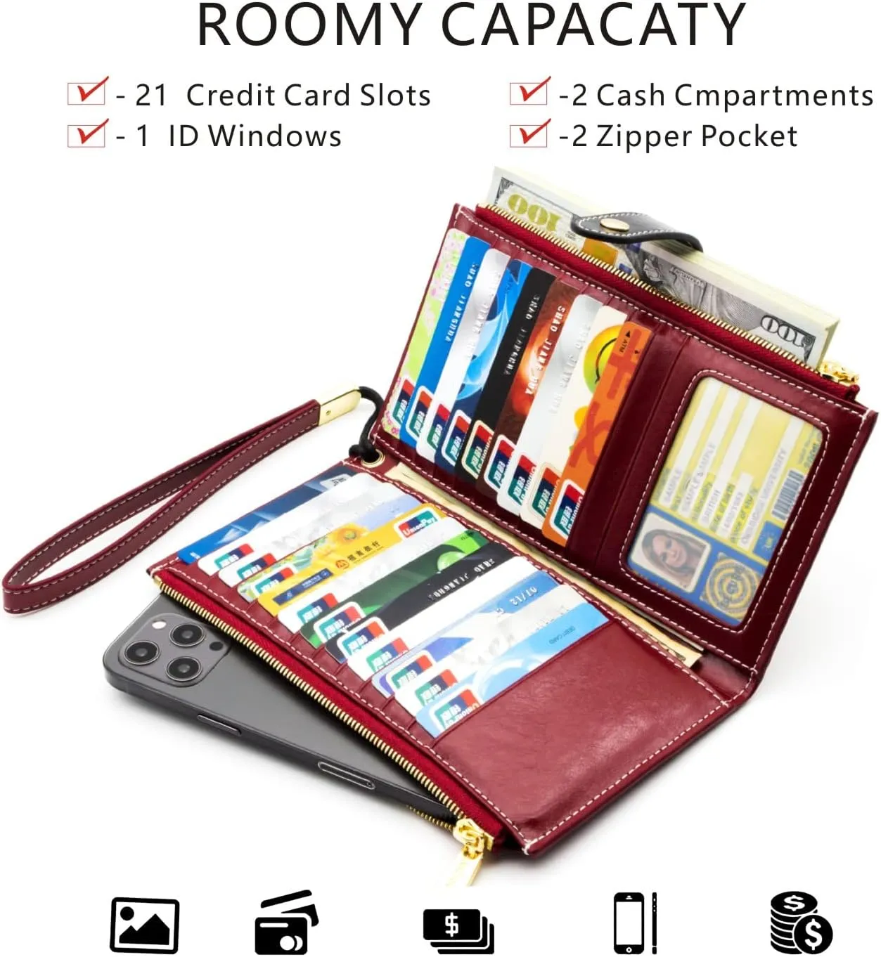 ANDOILT Wallet Women Men RFID Blocking Genuine Leather Bifold Multi Card Organizer Wristlet Purse with Zipper Pocket Cell Phone Handbag Red