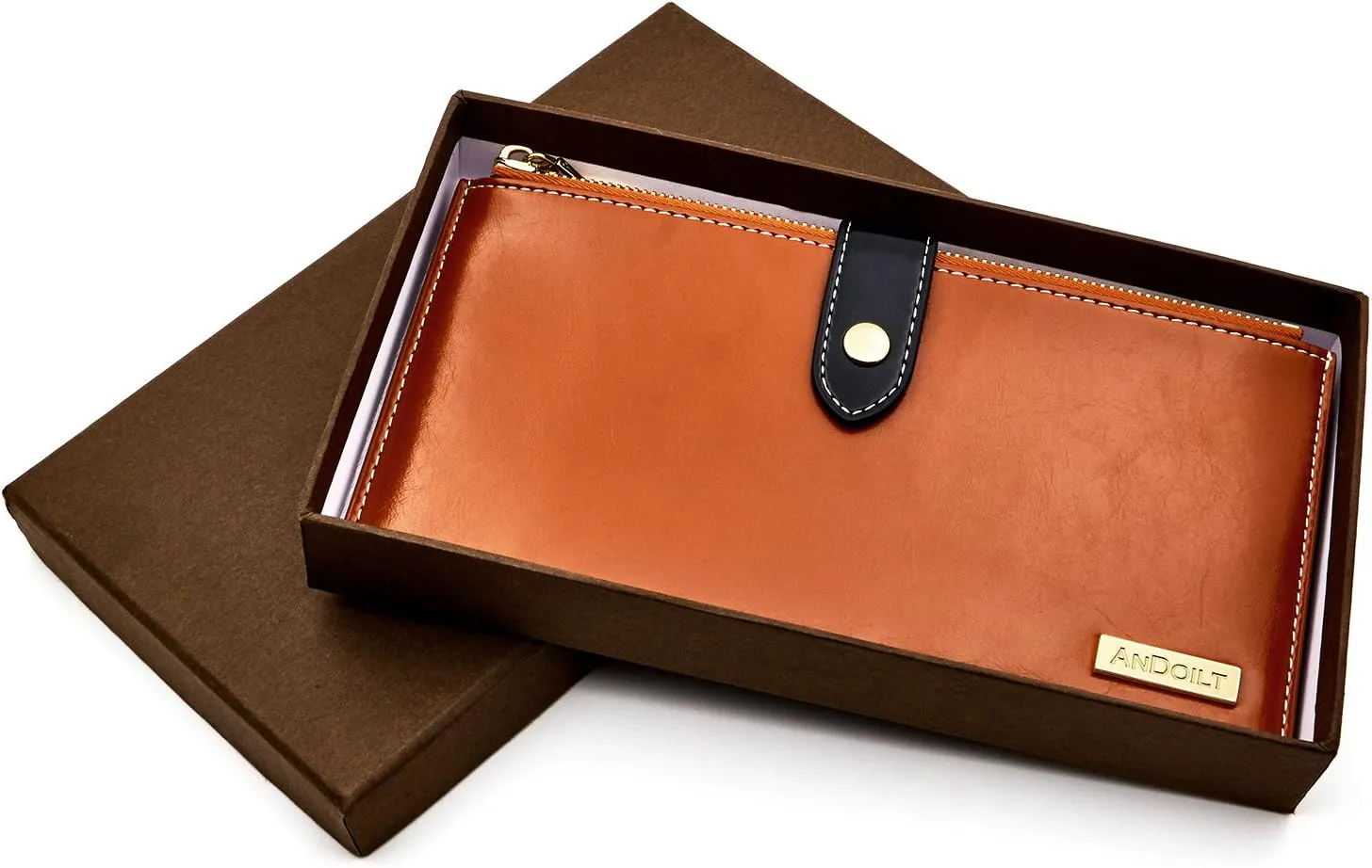 ANDOILT Women's Genuine Leather Wallet RFID Blocking Credit Card Holder Zipper Purse Cell Phone Handbag