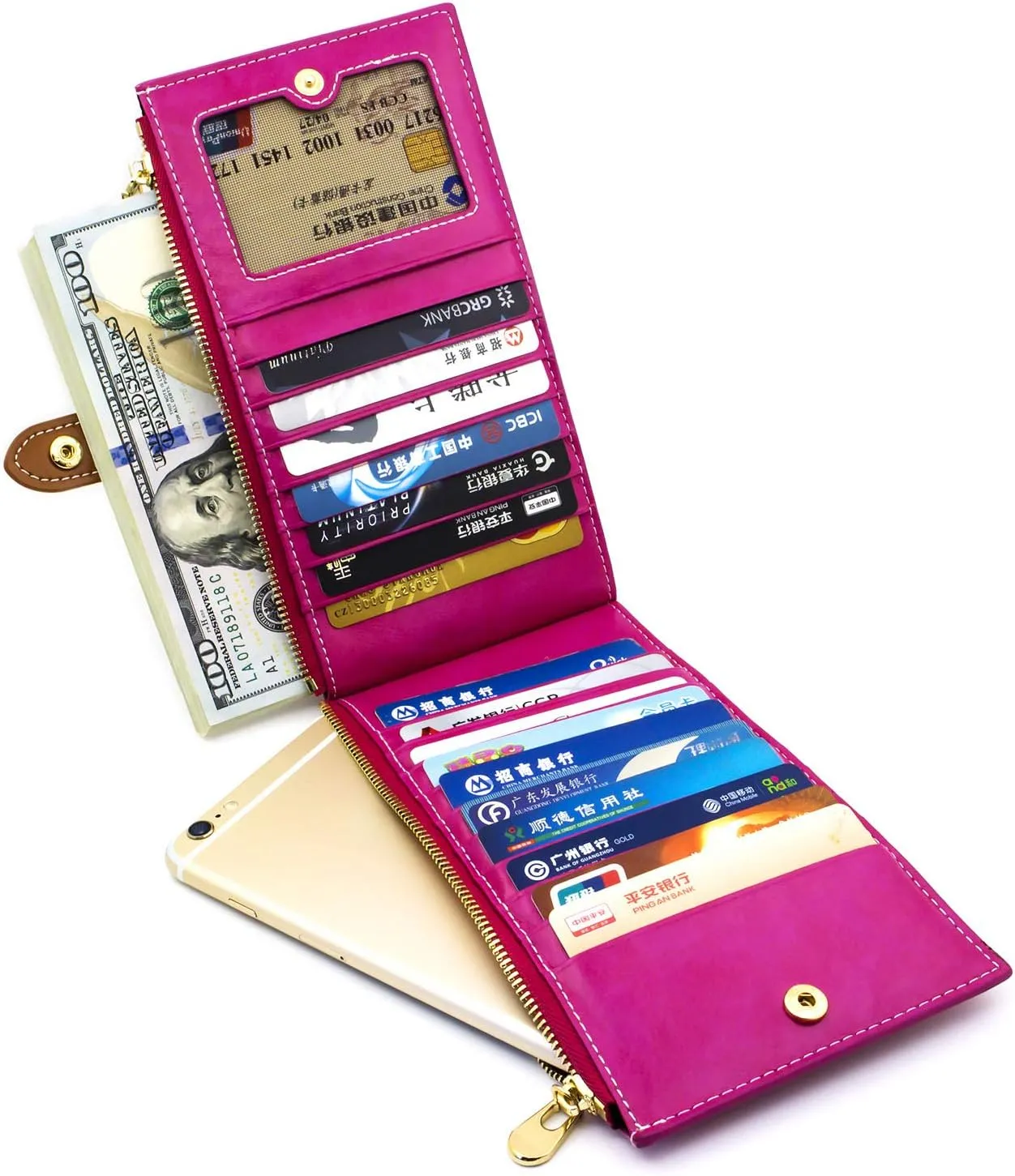 ANDOILT Women's Genuine Leather Wallet RFID Blocking Credit Card Holder Zipper Purse Cell Phone Handbag
