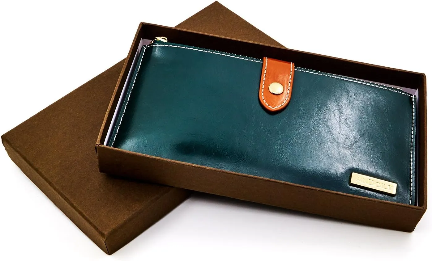ANDOILT Women's Genuine Leather Wallet RFID Blocking Credit Card Holder Zipper Purse Cell Phone Handbag