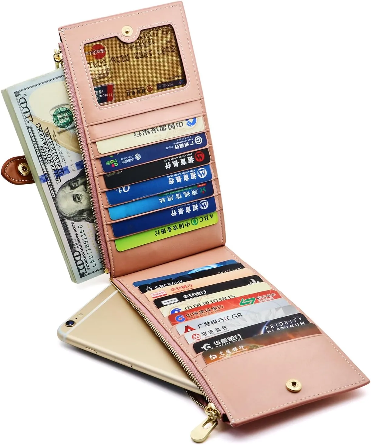 ANDOILT Women's Genuine Leather Wallet RFID Blocking Credit Card Holder Zipper Purse Cell Phone Handbag