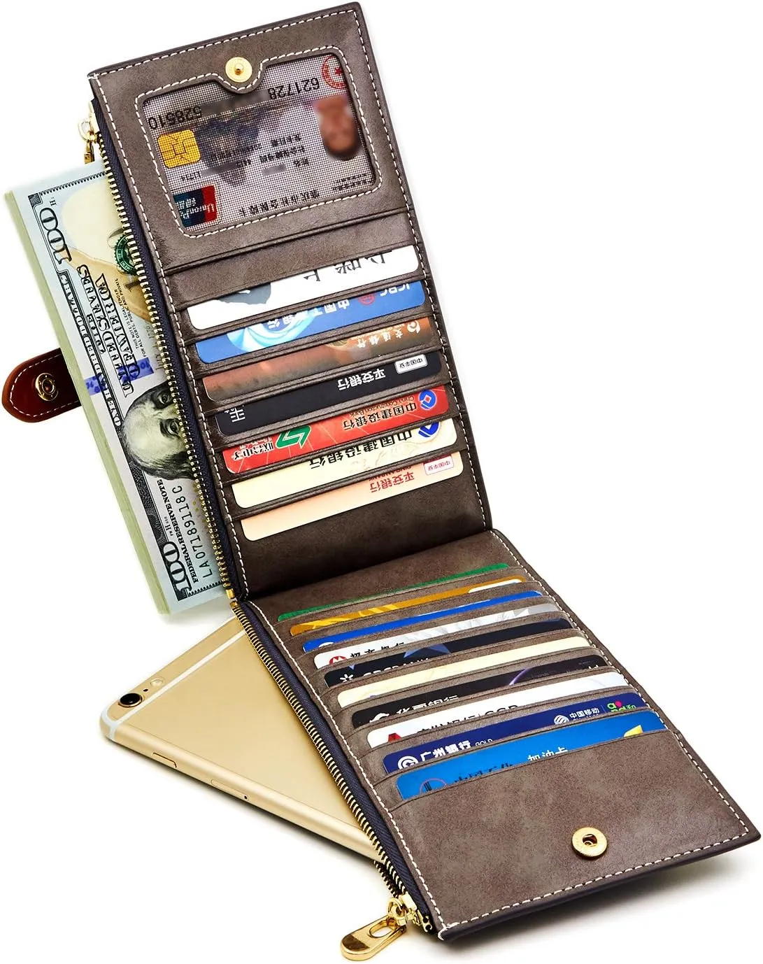 ANDOILT Women's Genuine Leather Wallet RFID Blocking Credit Card Holder Zipper Purse Cell Phone Handbag