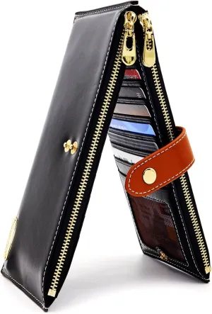 ANDOILT Women's Genuine Leather Wallet RFID Blocking Credit Card Holder Zipper Purse Cell Phone Handbag