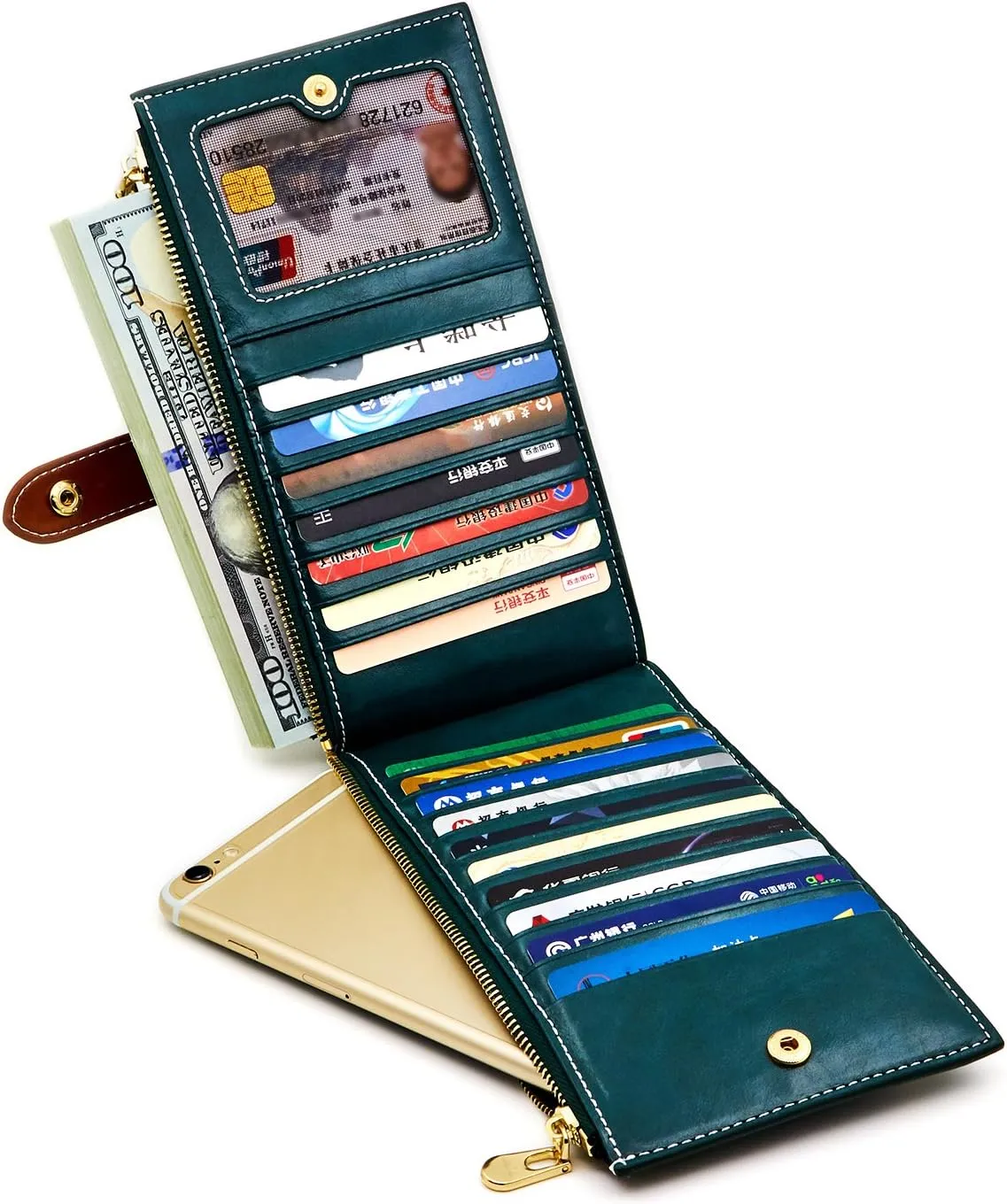 ANDOILT Women's Genuine Leather Wallet RFID Blocking Credit Card Holder Zipper Purse Cell Phone Handbag