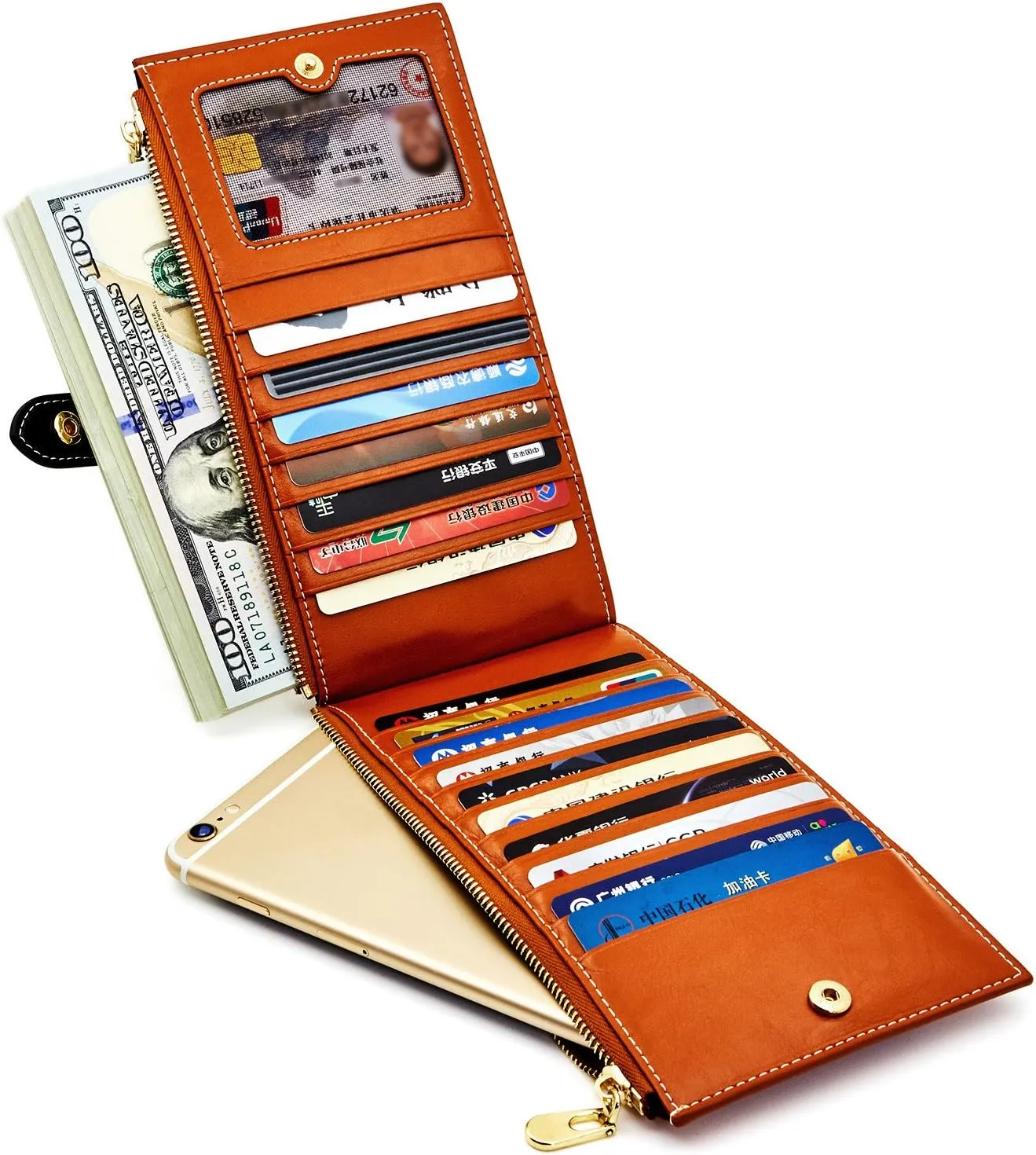 ANDOILT Women's Genuine Leather Wallet RFID Blocking Credit Card Holder Zipper Purse Cell Phone Handbag