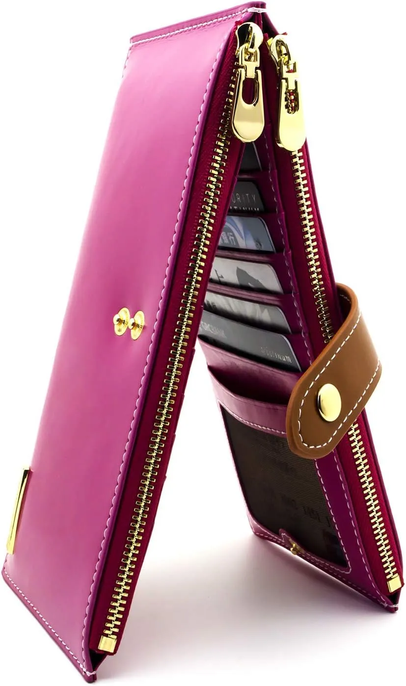 ANDOILT Women's Genuine Leather Wallet RFID Blocking Credit Card Holder Zipper Purse Cell Phone Handbag