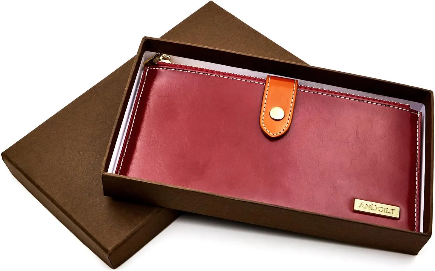 ANDOILT Women's Genuine Leather Wallet RFID Blocking Credit Card Holder Zipper Purse Cell Phone Handbag