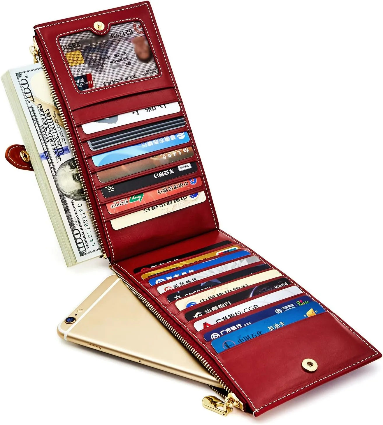 ANDOILT Women's Genuine Leather Wallet RFID Blocking Credit Card Holder Zipper Purse Cell Phone Handbag