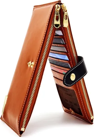 ANDOILT Women's Genuine Leather Wallet RFID Blocking Credit Card Holder Zipper Purse Cell Phone Handbag