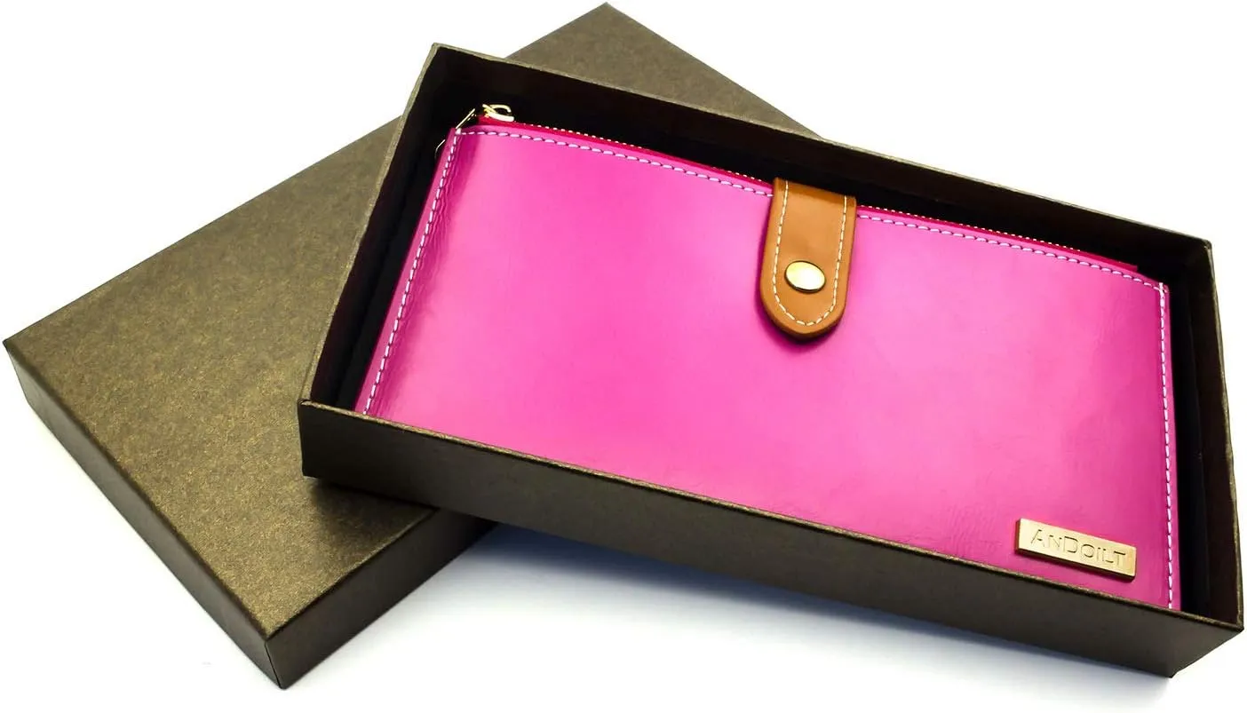 ANDOILT Women's Genuine Leather Wallet RFID Blocking Credit Card Holder Zipper Purse Cell Phone Handbag