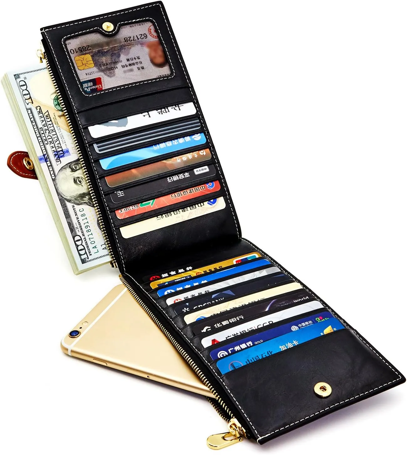 ANDOILT Women's Genuine Leather Wallet RFID Blocking Credit Card Holder Zipper Purse Cell Phone Handbag