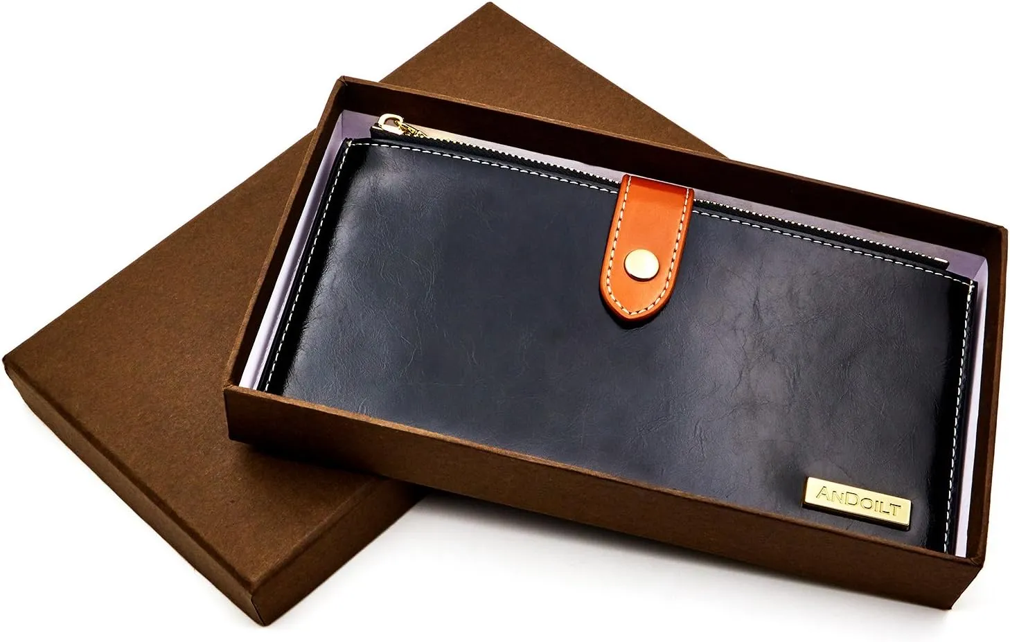 ANDOILT Women's Genuine Leather Wallet RFID Blocking Credit Card Holder Zipper Purse Cell Phone Handbag