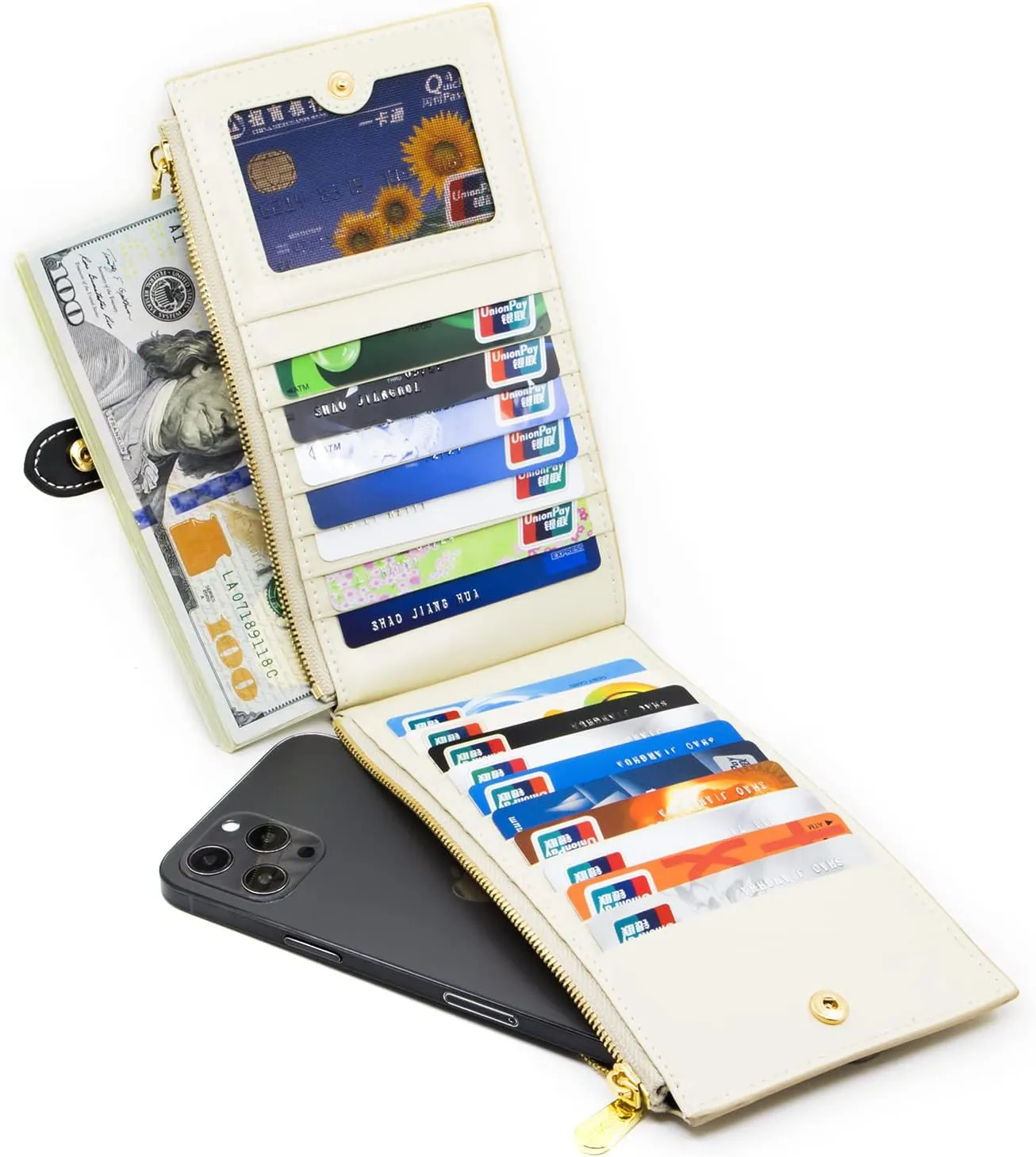 ANDOILT Women's Genuine Leather Wallet RFID Blocking Credit Card Holder Zipper Purse Cell Phone Handbag