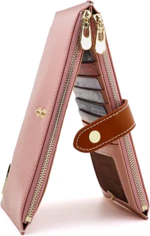 ANDOILT Women's Genuine Leather Wallet RFID Blocking Credit Card Holder Zipper Purse Cell Phone Handbag