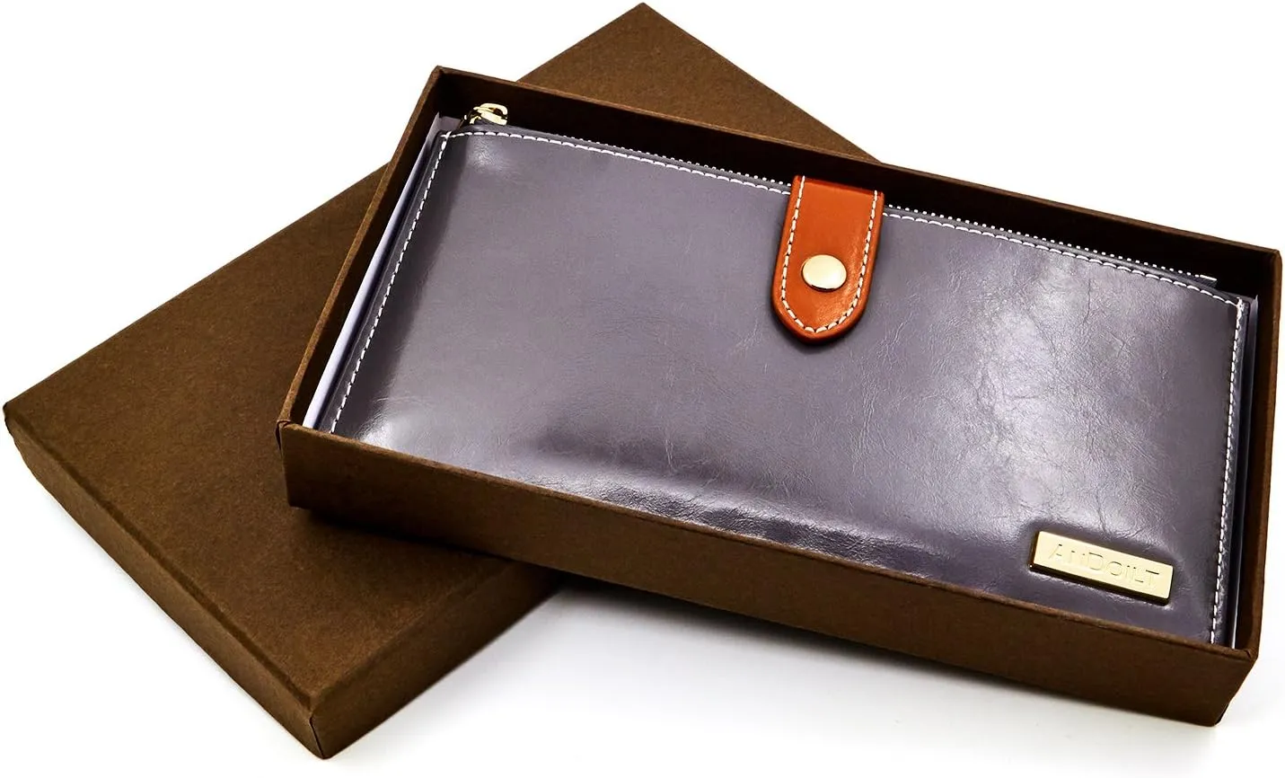 ANDOILT Women's Genuine Leather Wallet RFID Blocking Credit Card Holder Zipper Purse Cell Phone Handbag