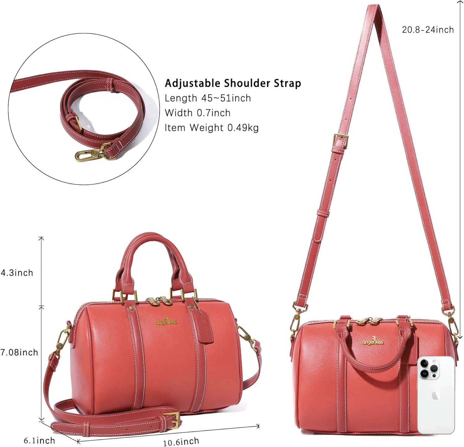 Angel Kiss Women Satchel Purses and Handbags Vegan Leather Boston Barrel Bag Top Handle Shoulder Purse with Crossbody Strap