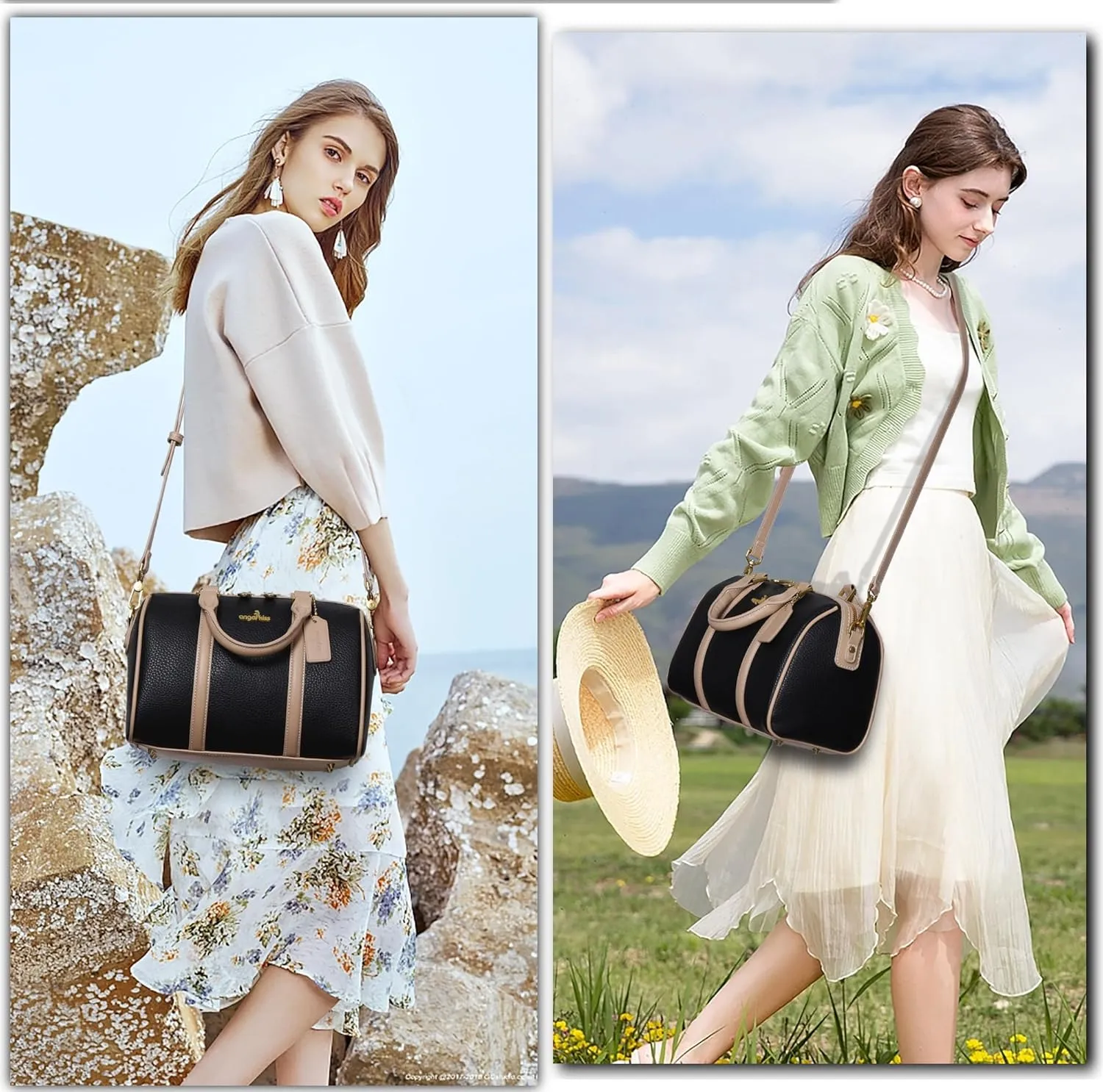 Angel Kiss Women Satchel Purses and Handbags Vegan Leather Boston Barrel Bag Top Handle Shoulder Purse with Crossbody Strap