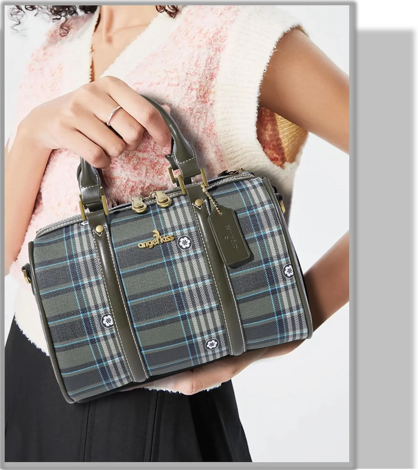 Angel Kiss Women Satchel Purses and Handbags Vegan Leather Boston Barrel Bag Top Handle Shoulder Purse with Crossbody Strap